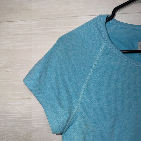 Athleta Ruched Short Sleeve Top Size M Blue Stretch Activewear Workout Shirt - Picture 4 of 6